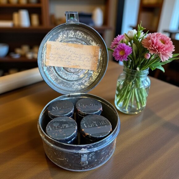 Primitive Antique 1800s Round Spice Tin with 4 Canisters - Picture 1 of 17